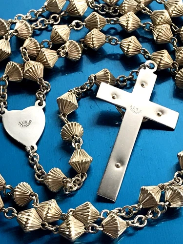 VINTAGE ALL STERLING SILVER ROSARY by LS - 24gm 19" L - UNIQUE RIBBED CONE BEADS - Picture 15 of 21