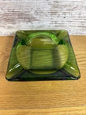 Vintage Green Glass Ashtray Square 4-Slot Cigar Mid Century 6" Retro *Read
