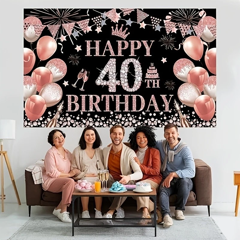 40th Rose Gold Birthday Party Backdrop Rose Gold Glitter Balloons Happy Birthday - Image 4 of 4