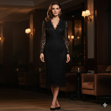 Asos Black Polyamide Viscose Cotton Guipure Lace Midi Long Sleeves Dress
