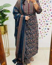 Pure Cotton Embroidered Printed Kurti Set with Pant Mulmul Dupatta