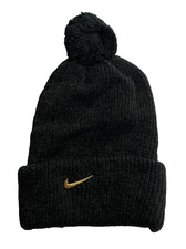 Nike Adult Unisex Knit Beanie Hat Black Gold Swoosh Pom Winter OSFM NEW