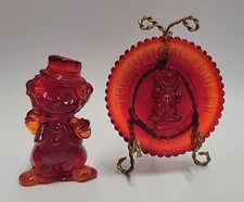 Vtg Mosser Glass Little Fiddler Clown Mib Red w. Matching Plate Glows