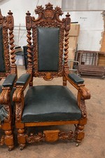 Pair of Throne Chairs Hand Carved Wood, Mahogany, Emerald Green Leather