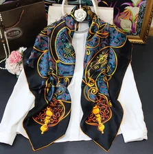 100% Silk Wrap Scarf Bandanna Square Women Neckerchief Blue gild Print 43'' new