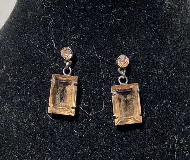 Pierced Earrings, Dangle, Gun Metal And Amber Color Faceted Glass Stones