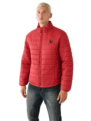 TRUE RELIGION Mens Premium PUFFER JACKET Lightweight Packable Embroidered RED