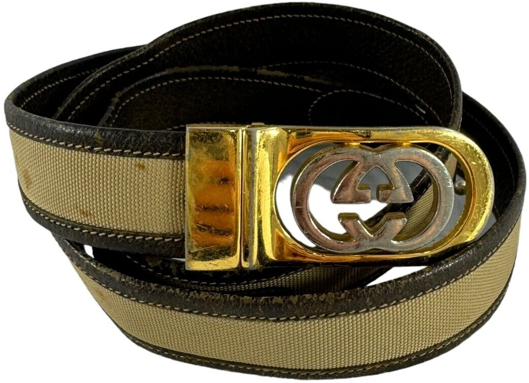 GUCCI Reversible GG Belt in Brown Leather and Beige Nylon with Gold Silver Buckle-image