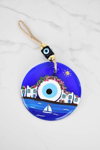 Evil Eye Santorini Themed Hand Painted Large Glass Wall Hanging - Bild 3 von 7