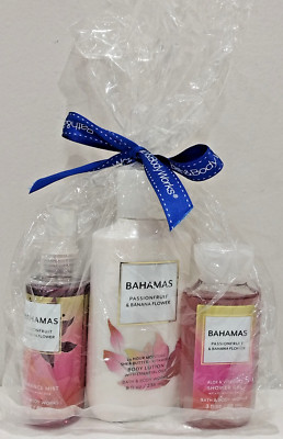Bath Body Works BAHAMAS Passionfruit Banana Flower Set: 8oz Lotion +3oz Mist+Gel