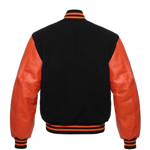 Stewart & Strauss Black Wool & Orange Leather Varsity Letterman School Jacket - Picture 3 of 6