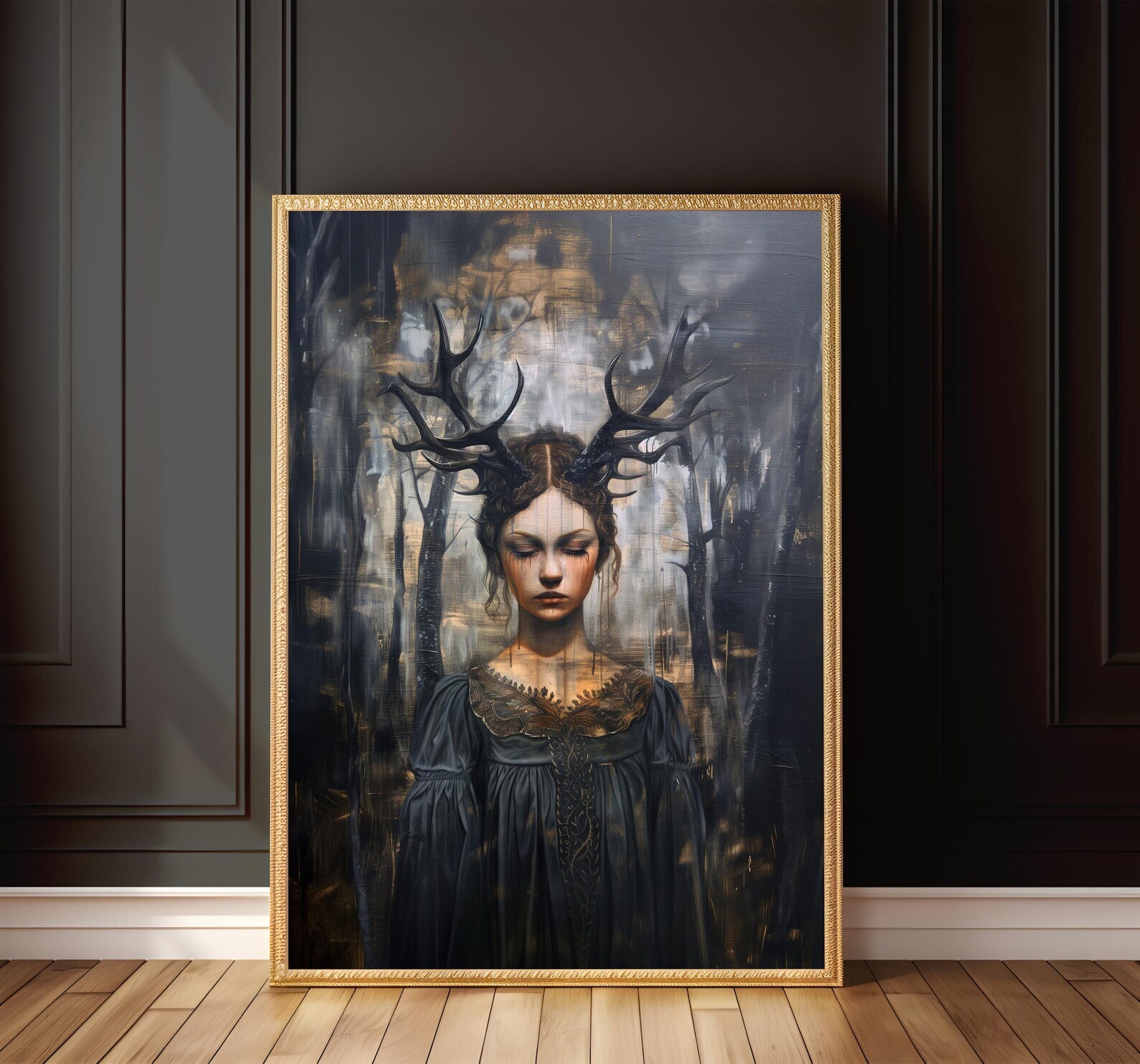 Gothic Forest Maiden Antlered Woman Dark Fantasy Wall Art Print  