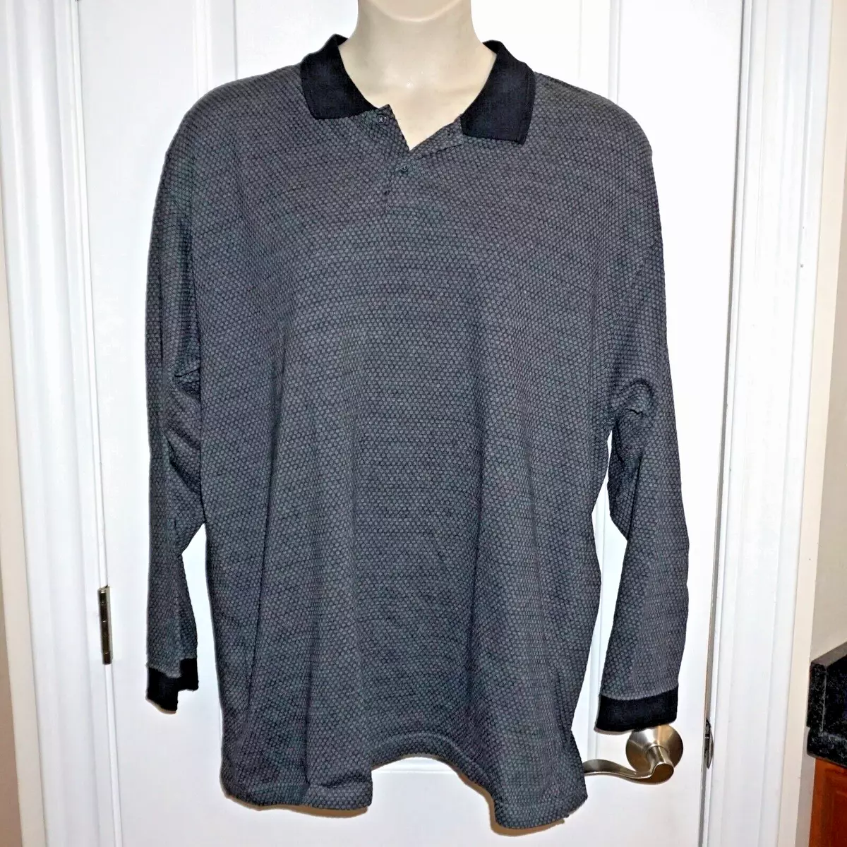 Van Heusen Long Sleeve Polo Shirt Black Gray Tiny Print Pattern Men s Sz XL EUC