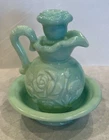 Vintage Avon Green Swirl Milk Glass Mini Bowl and Pitcher Set