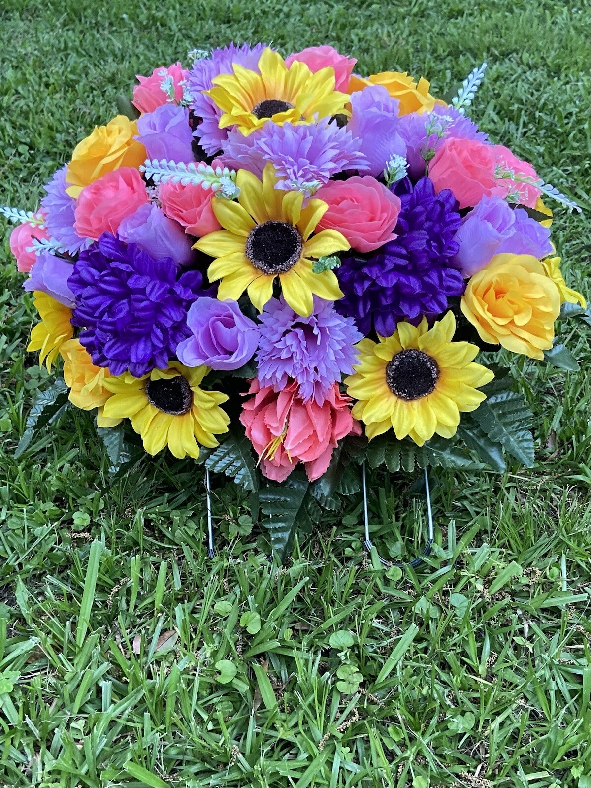 Cemetery Memorial Headstone Saddle Silk Flower Arrangmt. Lilac Bright Pink YLW