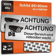 Alu Achtung Videoüberwachung Schild Privat Kameraüberwachung mit 3m Tape 85X30mm