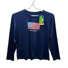Life Is Good Shirt Women's 2XL XXL Navy Blue Active American Flag Long Sleeve