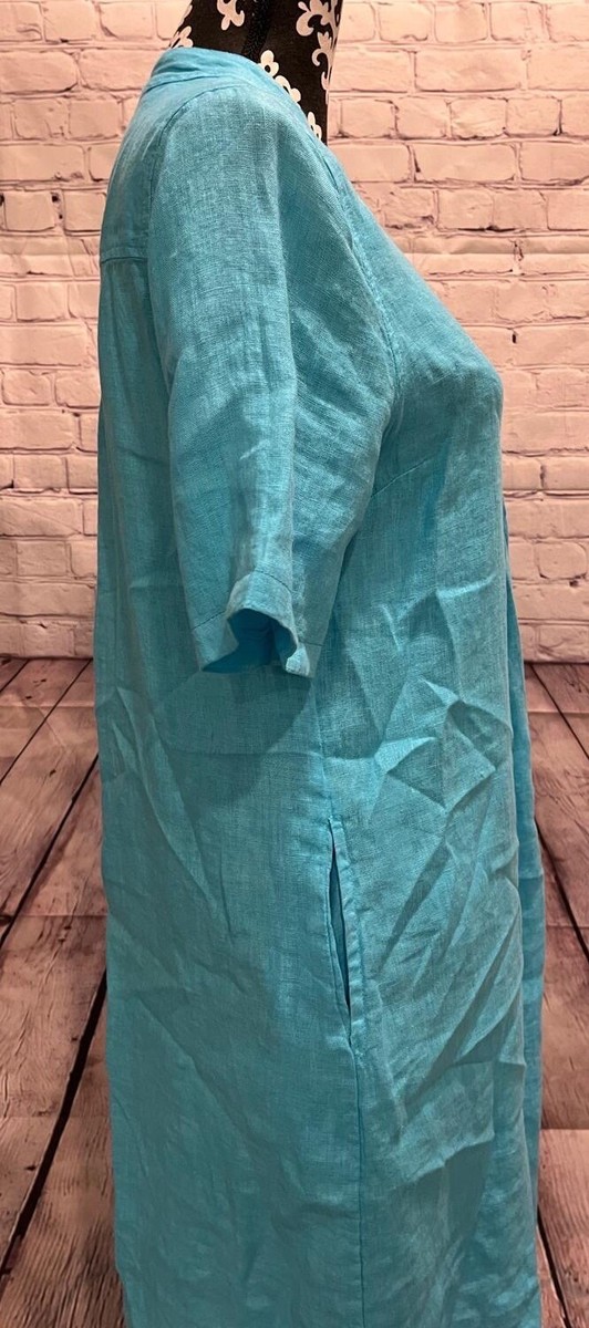 Harris Cotton Women Blue 100% Linen Made in Greece SS V-Neckline Pleated  Dress S | eBay