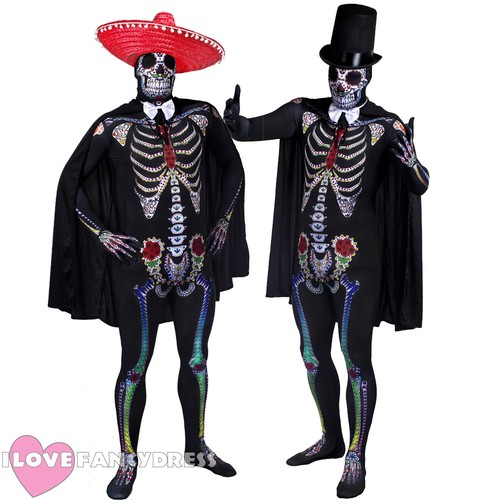 Para Hombre Día De Los Muertos Fancy Dress Senor Esqueleto Skin Suit Traje  Sombrero Y Capa | eBay
