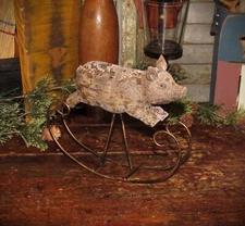 Primitive Rustic Verdigris Rustic Rocking Pig Hog Resin Vtg Style Shelf Sitter