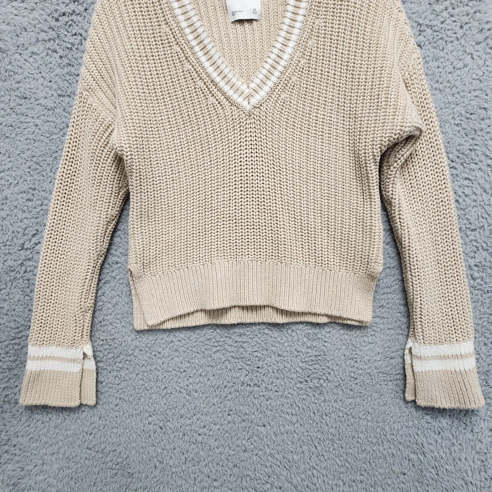 Abercrombie Fitch свитер женщин XS бежевый кабель трикотажа V шеи Y2K логотип пуловер - Изображение 4 из 4