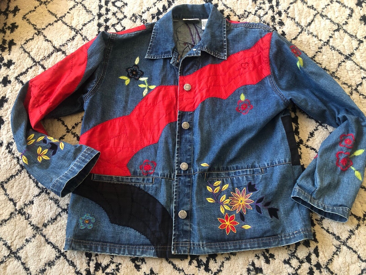 chikoページ Chico's Design Jean Jacket Patchwork Silk Embroidery Size 1