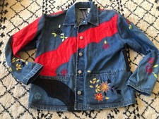 Chico's Design Jean Jacket Patchwork Silk Embroidery Size 1 Vintage ZZ