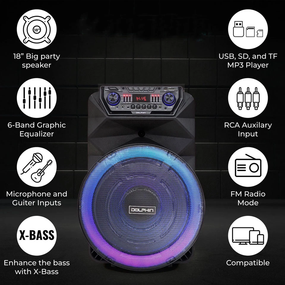 18" Portable Bluetooth Party Speaker DJ PA Loud Karaoke Systems W/ Mic Remote - Image 4 of 4