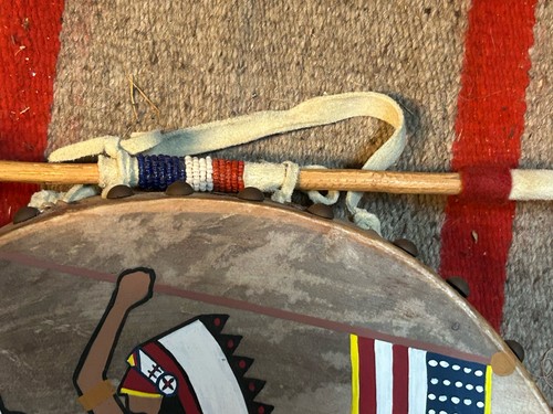 Vintage Ceremonial drum Kiowa Plains Indian American Flag 12” Diam Fresh - Picture 8 of 10