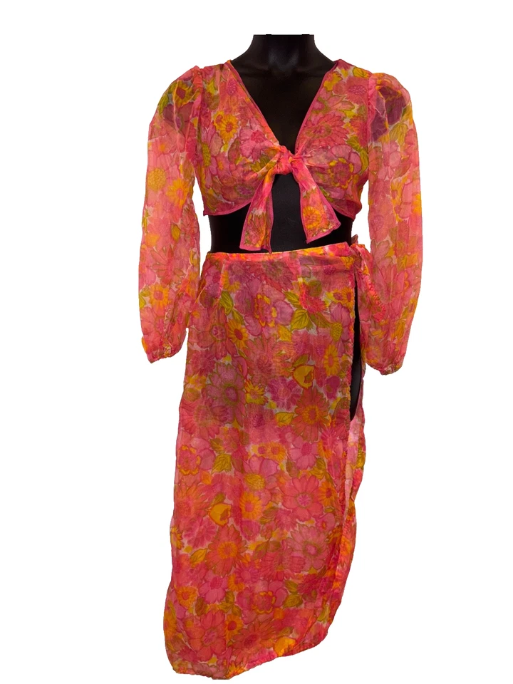 Bonito conjunto de complejo de encubrimiento retro transparente floral psicodélico de los años 70 vintage de dos piezas Foto 2 de 4