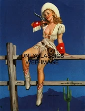 1940's Sultry Cowgirl Cowboy Aiming To Please Print Pinup Cheesecake Gil Elvgren