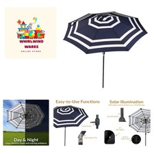 9 ft Striped Patio Umbrella with Solar Lights - Polyester LED Table Market Um...
