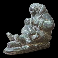 Vintage Inuit Soapstone Sculpture Nursing Mother & Child A. Wolf Original Canada