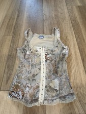 rave Beige Mesh Floral Corset Top Medium Lace Hook  Eye Wireless Sheer