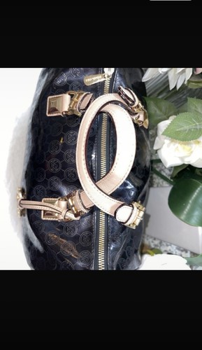 Michael Kors Black Beige Logo Satchel Zip Gold Hardware Charm Bottom Studs - Picture 13 of 15