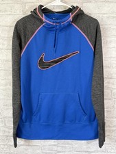 Nike Therma-Fit Women's Hoodie Pullover Blue Gray Swoosh Logo Thumbholes Large