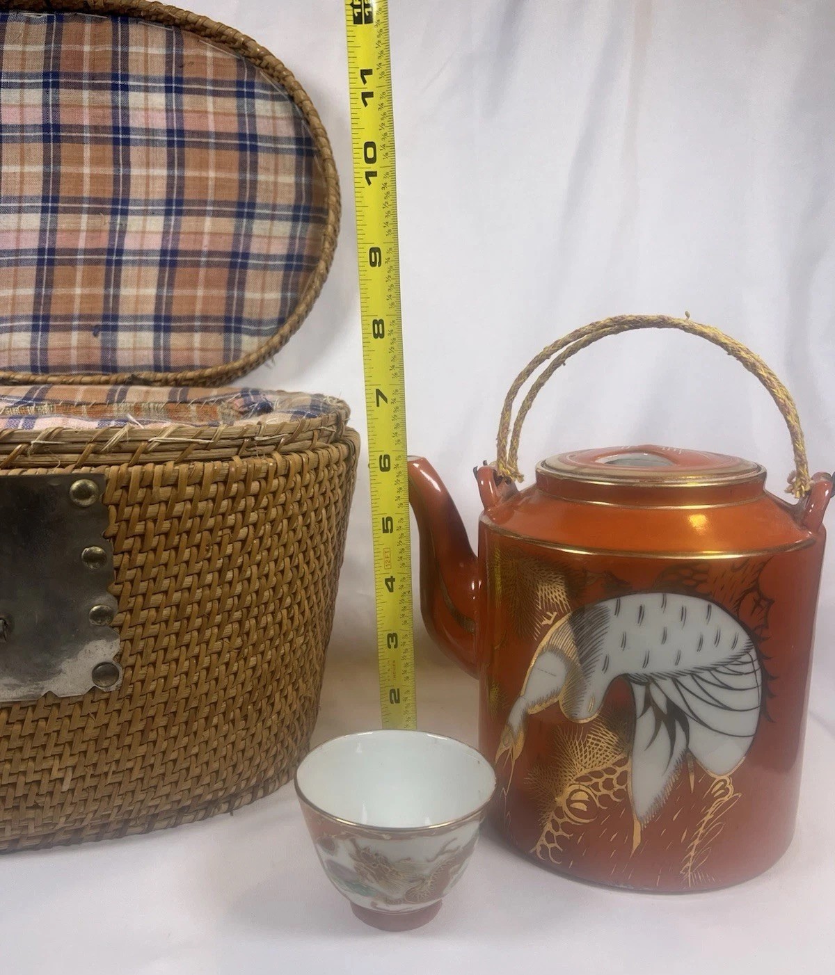 ATQ VTG Chinese Porcelain Jingdezhen Gild Crowned Crane Sand Red Glaze Tea Set