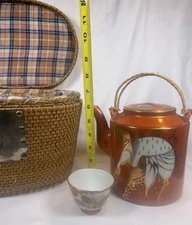 ATQ VTG Chinese Porcelain Jingdezhen Gild Crowned Crane Sand Red Glaze Tea Set