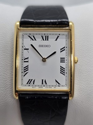 Seiko Tank 25mm Watch Gold Tone Roman Numeral Black Leather Strap