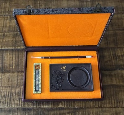Chinese Calligraphy Ink Stone Set With Decorative Box