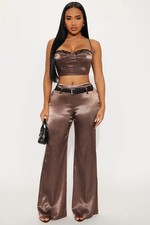Fashion Nova Savanah Satin Wide Leg Pant Set - Brown size M
