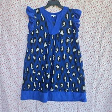 Blue Leopard Print Ruffle Cap Sleeve V-Neck Tunic Dress Size Large