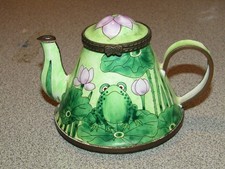 Kelvin Chen Enamel Copper Hand Painted Miniature Teapot Frog & Lily Pads No. 187