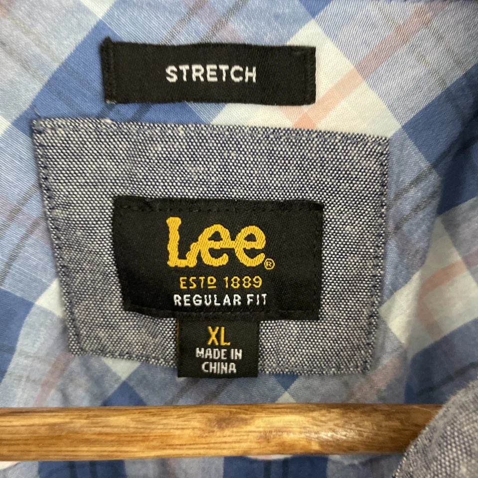 Camisa LEE elástica para hombre XL azul a cuadros manga corta botón clásico preppy Foto 3 de 4