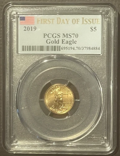 2019 American Eagle $5 GOLD PCGS MS70 FDOI : BU GEM Coin 1/10 Oz Bullion : 10484