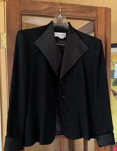 Giacca smoking Christian Dior nera crêpe monopetto punta raso risvolto