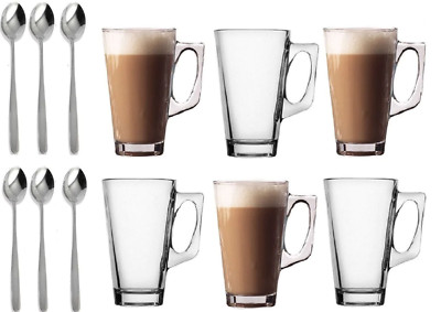 6x240ml Glas Tassen Becher für Kaffee Tee Latte Cappucino & Löffel hochwertiges Glas