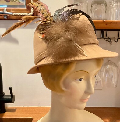 VTG NY PARIS MR JOHN CLASSIC EXCELLO TAN FEATHERED FEDORA HARRY POTTER  DERBY HAT