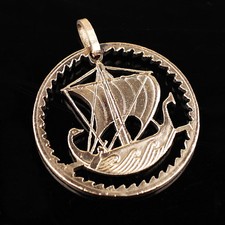 Cyprus 5 Mils Cut Coin Pendant with necklace Cypriot galley VIKING ship Greece T