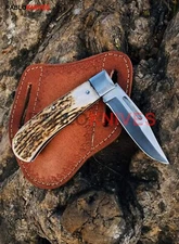 Premium Hand Forged Carbon Steel Hunting Pocket, Folding Stag Handle Knife